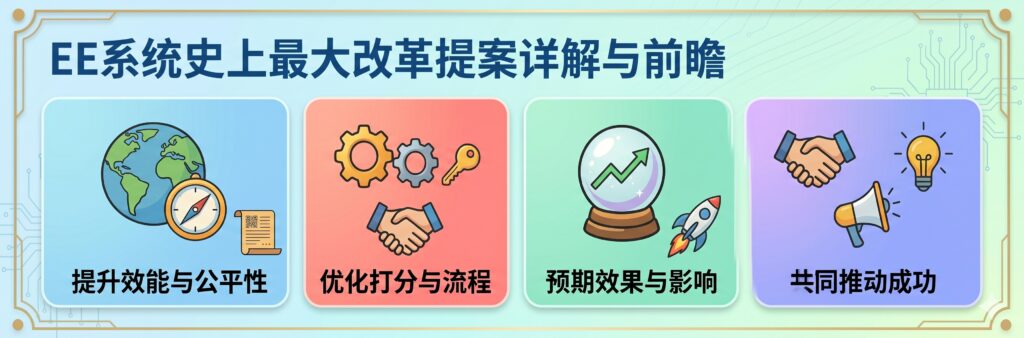 给下面的文章标题升一个横版(400*1000) 的配图 EE系统史上最大改革提案详解与前瞻